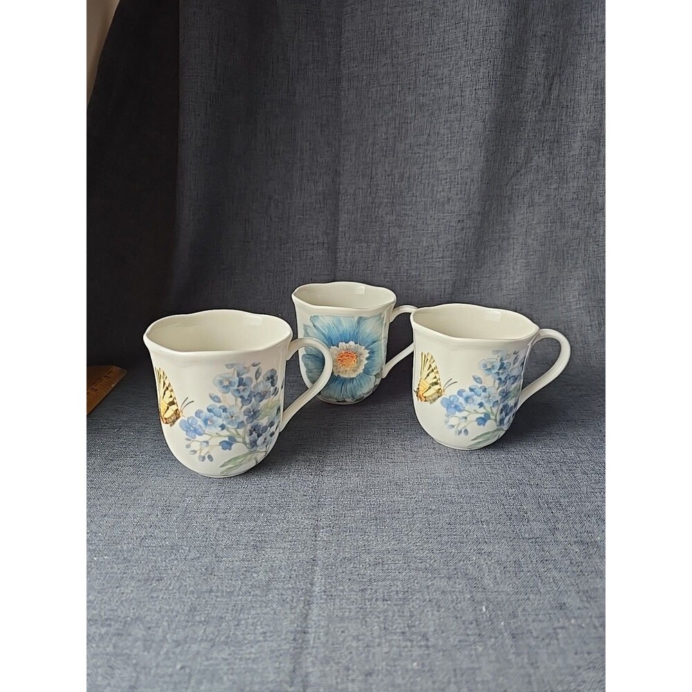 3 Butterfly Meadow Blueby Lenox Coffee Mugs Cottagecore Grandma Cute Cups Spring